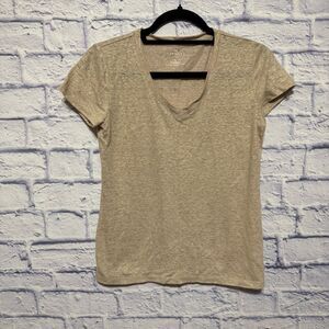 Talbots petites tan/gold metallic linen blend v neck shirt